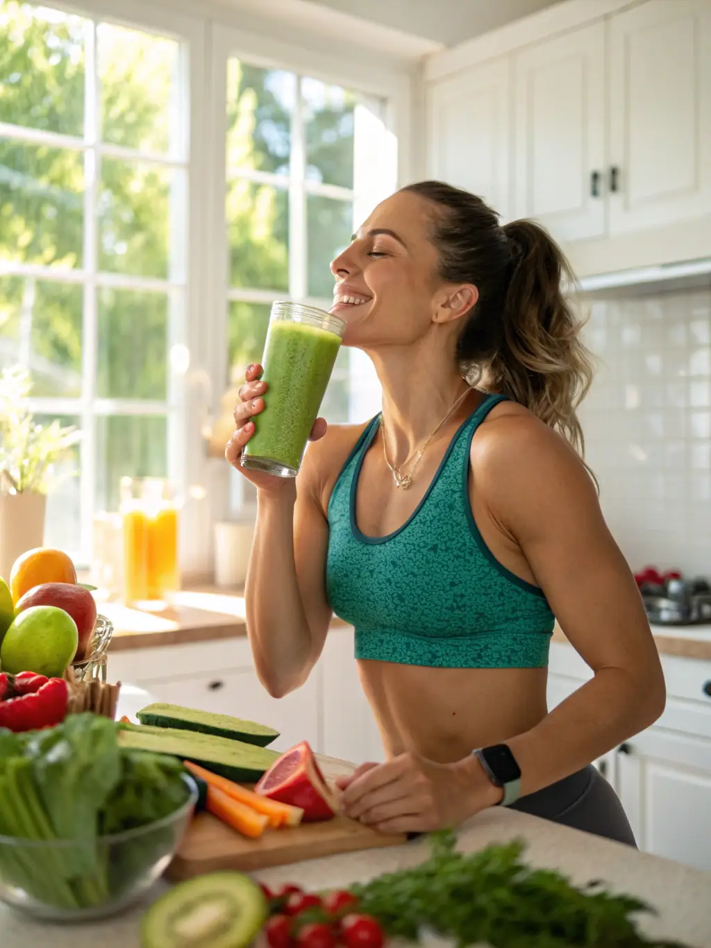 A close-up shot of a person smiling confidently while holding a shaker bottle filled with a vibrant green smoothie, symbolizing the energy and vitality gained from MA Nutrition Nova® products.